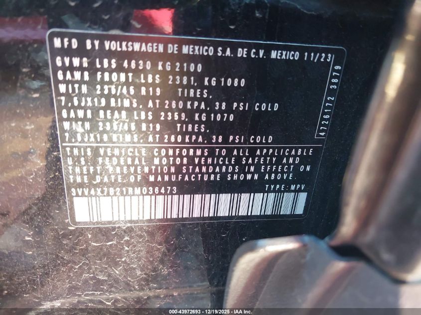 2024 Volkswagen Taos 1.5T Sel VIN: 3VV4X7B21RM036473 Lot: 43972693