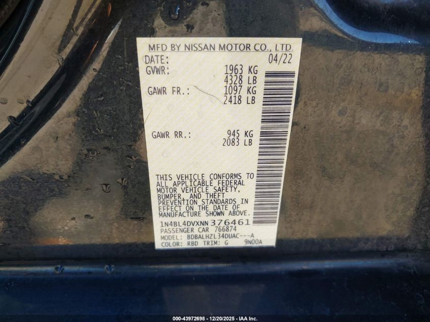 2022 Nissan Altima Sv Fwd VIN: 1N4BL4DVXNN376461 Lot: 43972698