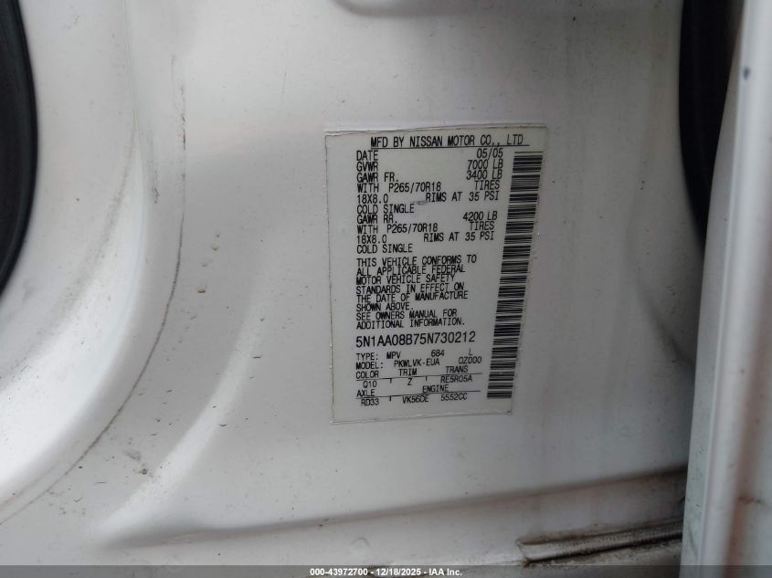 2005 Nissan Armada Le VIN: 5N1AA08B75N730212 Lot: 43972700