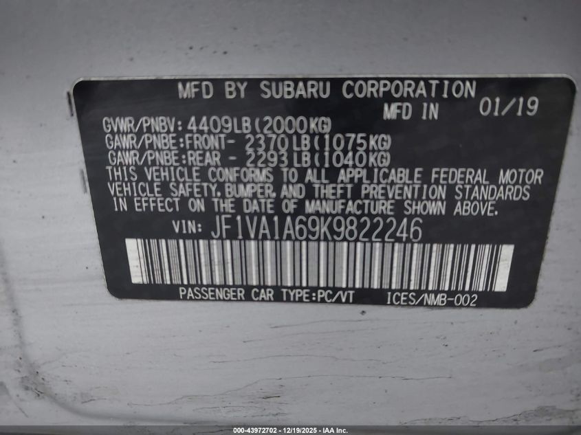 2019 Subaru Wrx VIN: JF1VA1A69K9822246 Lot: 43972702