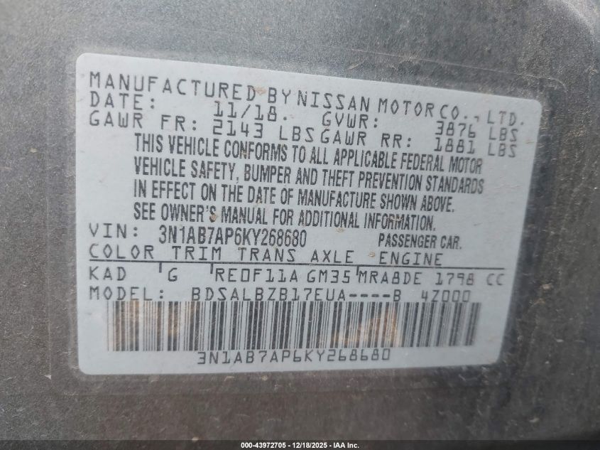 2019 Nissan Sentra S VIN: 3N1AB7AP6KY268680 Lot: 43972705