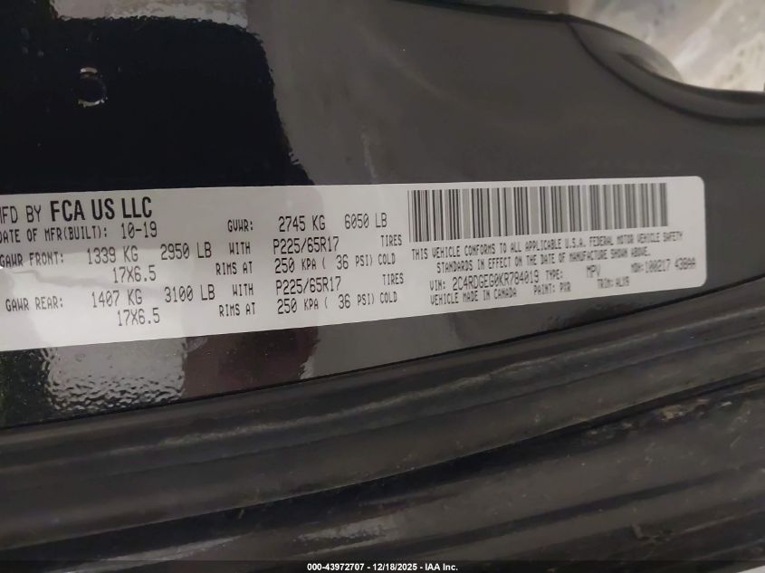 2019 Dodge Grand Caravan Gt VIN: 2C4RDGEG0KR784019 Lot: 43972707