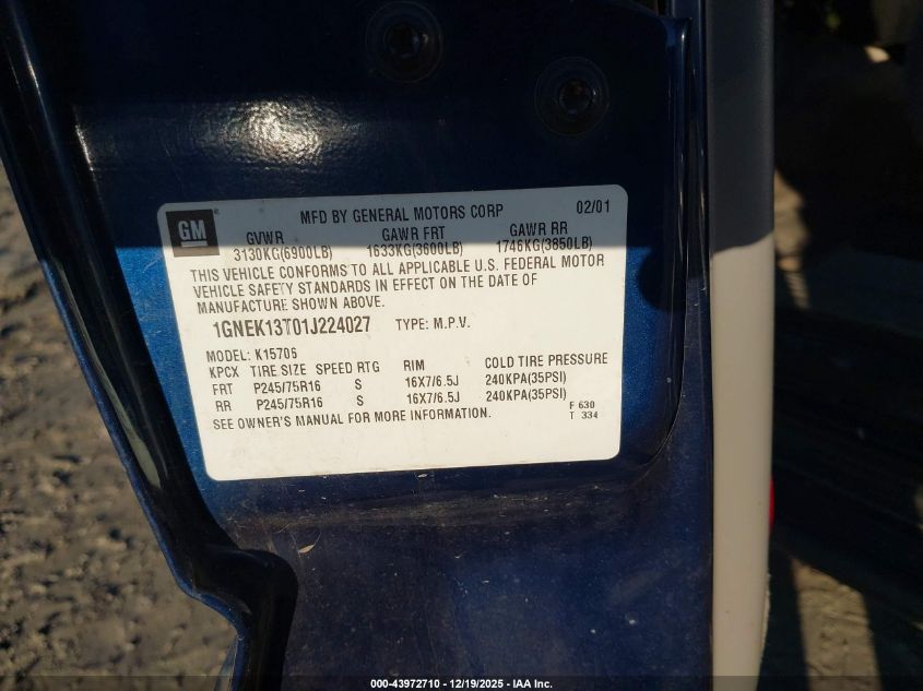 2001 Chevrolet Tahoe Ls VIN: 1GNEK13T01J224027 Lot: 43972710