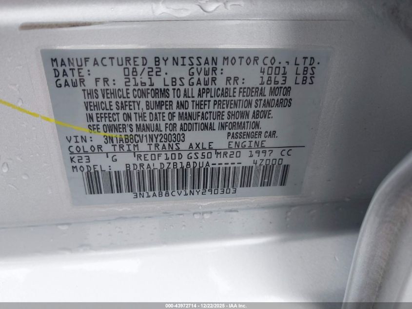 2022 Nissan Sentra Sv Xtronic Cvt VIN: 3N1AB8CV1NY290303 Lot: 43972714