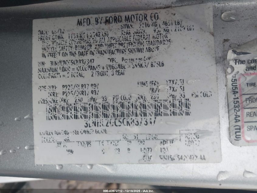 2012 Lincoln Mkz VIN: 3LNHL2GC5CR837347 Lot: 43972712