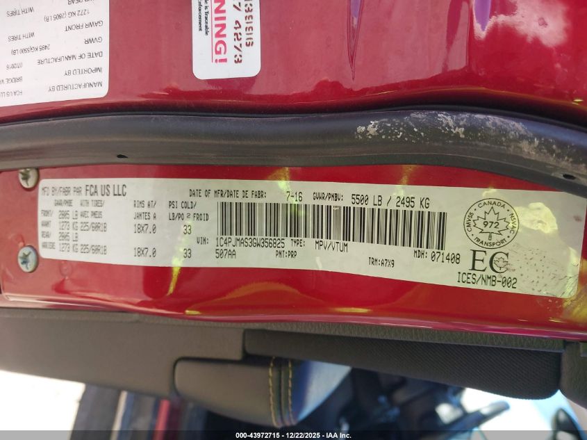 2016 Jeep Cherokee Sport VIN: 1C4PJMAS3GW356825 Lot: 43972715