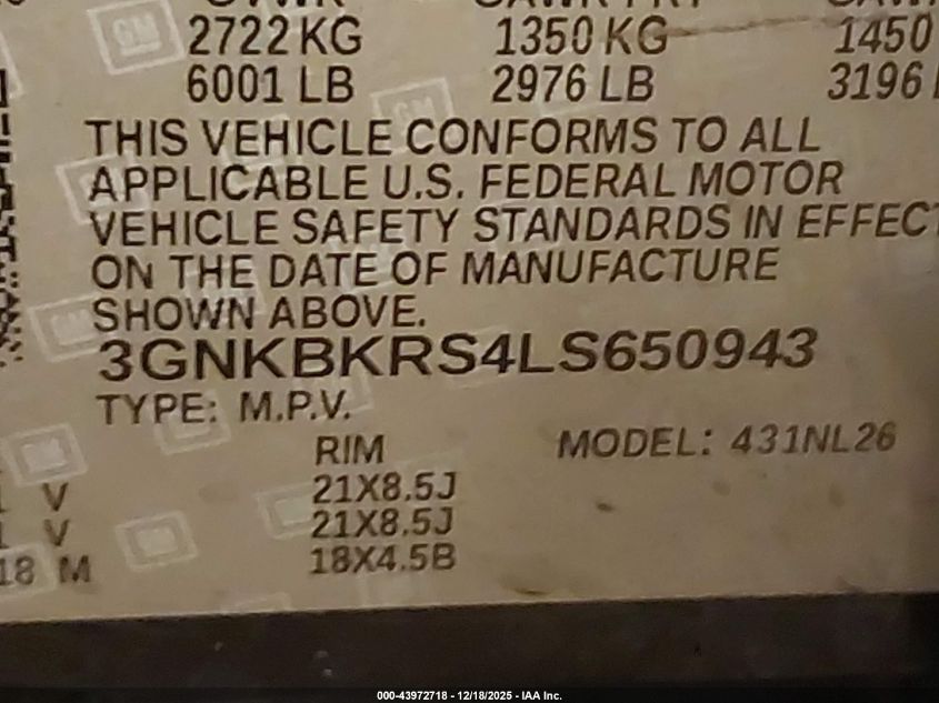 2020 Chevrolet Blazer Awd Rs VIN: 3GNKBKRS4LS650943 Lot: 43972718