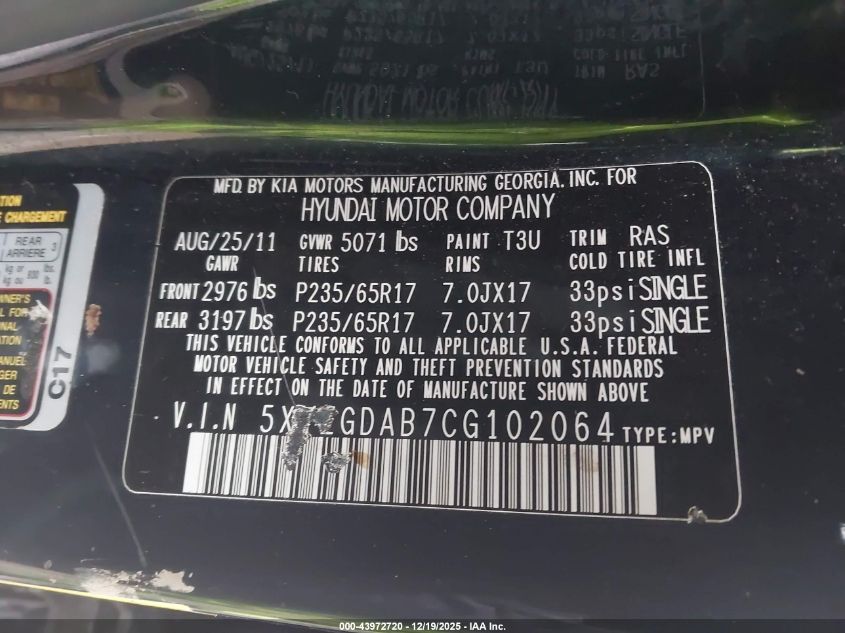 2012 Hyundai Santa Fe Gls VIN: 5XYZGDAB7CG102064 Lot: 43972720