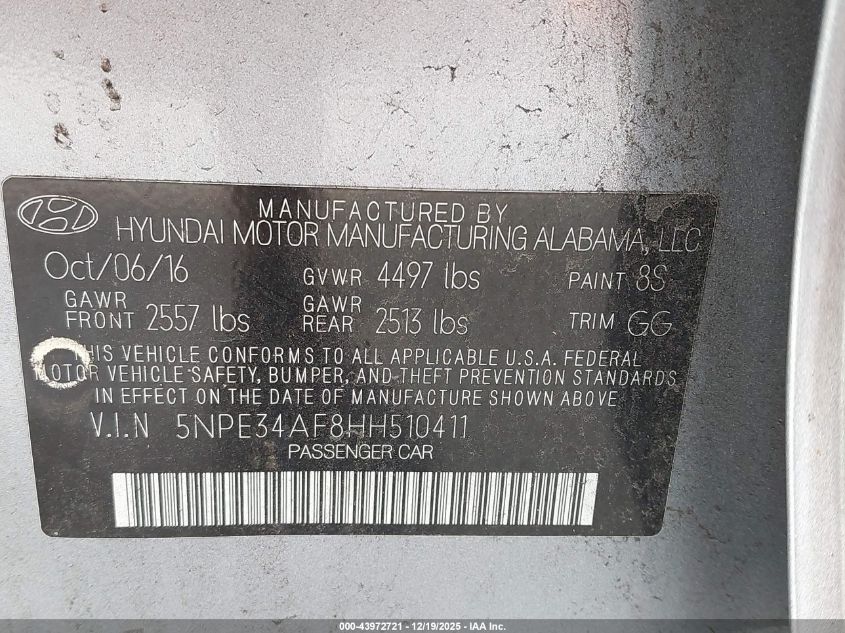 2017 Hyundai Sonata Sport VIN: 5NPE34AF8HH510411 Lot: 43972721