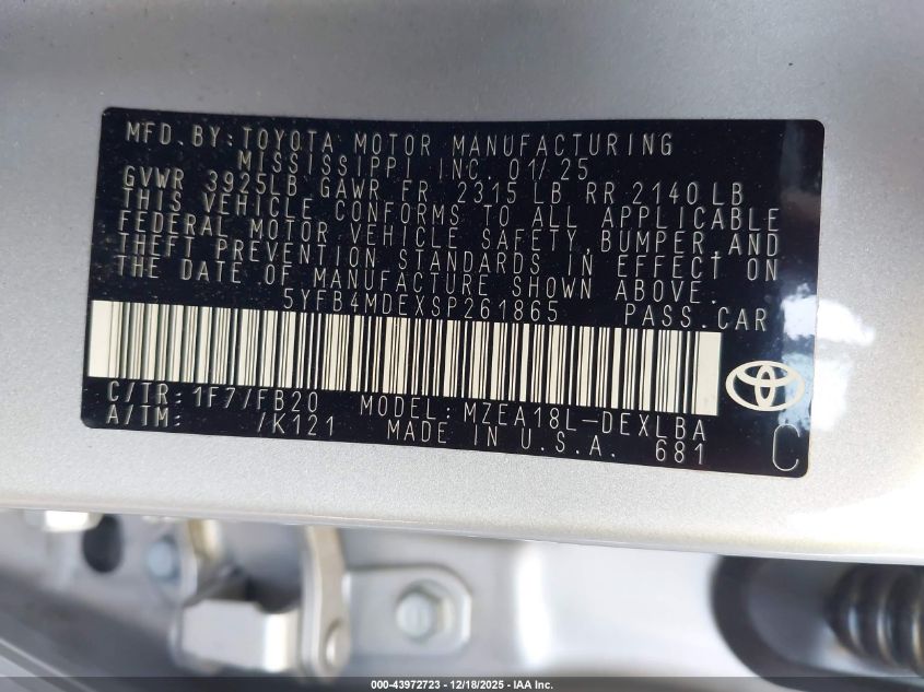 2025 Toyota Corolla Le VIN: 5YFB4MDEXSP261865 Lot: 43972723