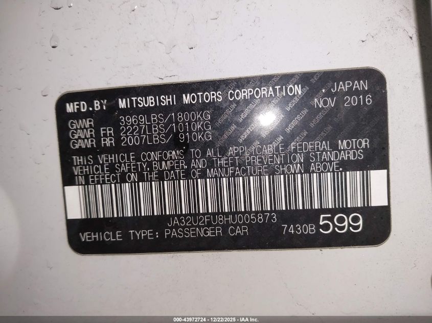 2017 Mitsubishi Lancer Es VIN: JA32U2FU8HU005873 Lot: 43972724