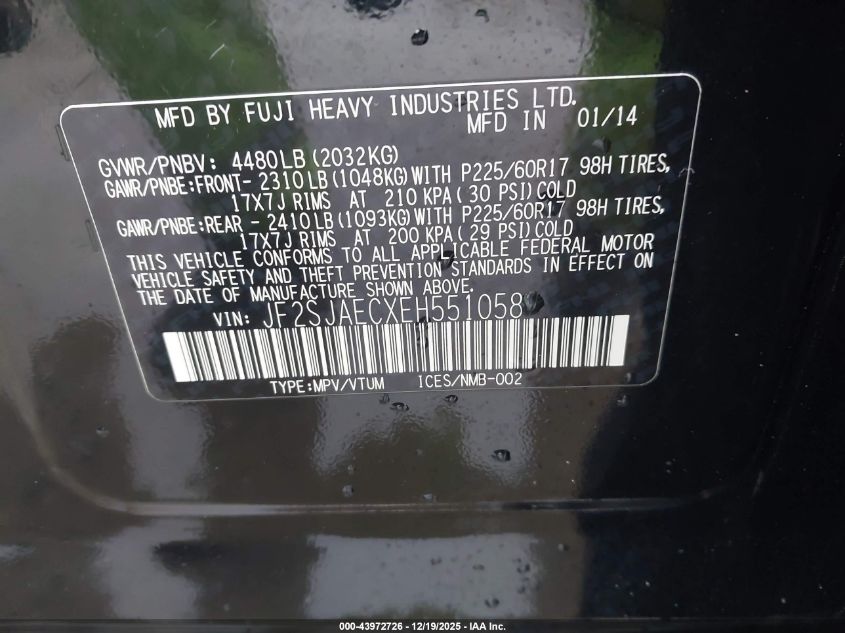 2014 Subaru Forester 2.5I Premium VIN: JF2SJAECXEH551058 Lot: 43972726