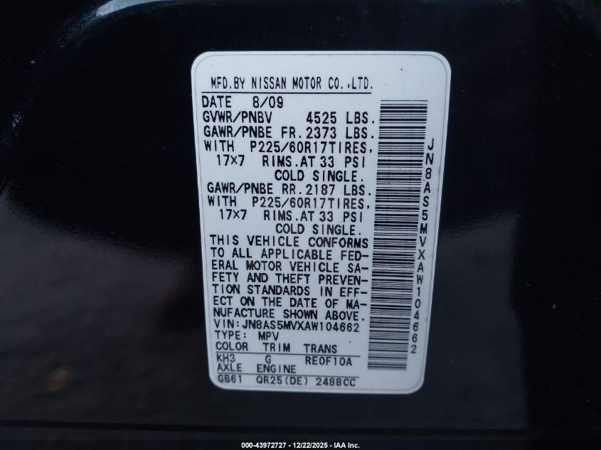 2010 Nissan Rogue Sl VIN: JN8AS5MVXAW104662 Lot: 43972727