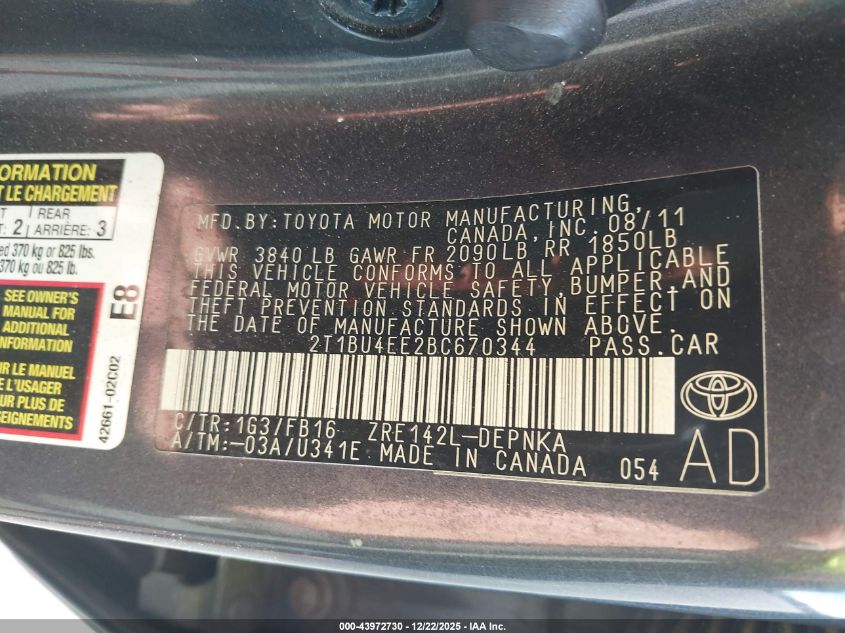 2011 Toyota Corolla Le VIN: 2T1BU4EE2BC670344 Lot: 43972730