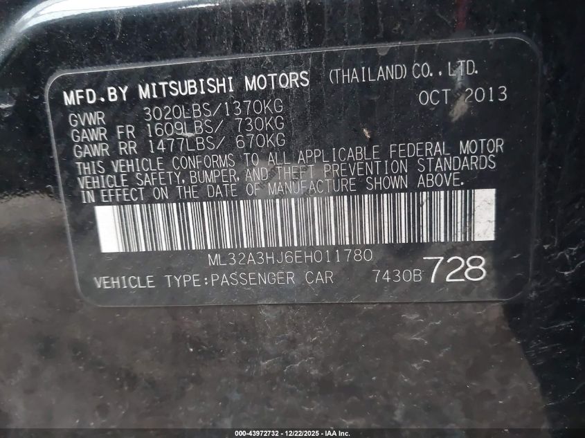 2014 Mitsubishi Mirage De VIN: ML32A3HJ6EH011780 Lot: 43972732