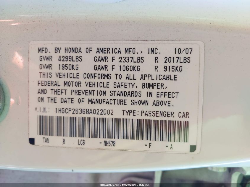 2008 Honda Accord 2.4 Lx VIN: 1HGCP26368A022002 Lot: 43972738