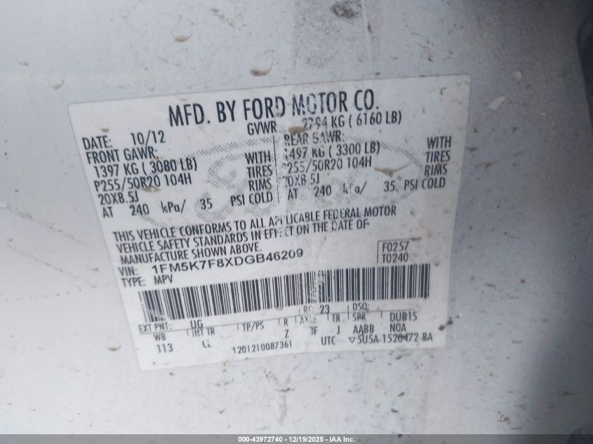 2013 Ford Explorer Limited VIN: 1FM5K7F8XDGB46209 Lot: 43972740