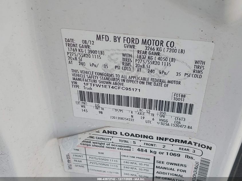 2012 Ford F-150 Platinum VIN: 1FTFW1ET4CFC95171 Lot: 43972742