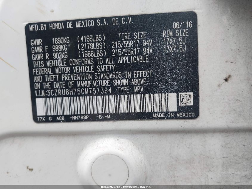 2016 Honda Hr-V Ex-L VIN: 3CZRU6H75GM757364 Lot: 43972743