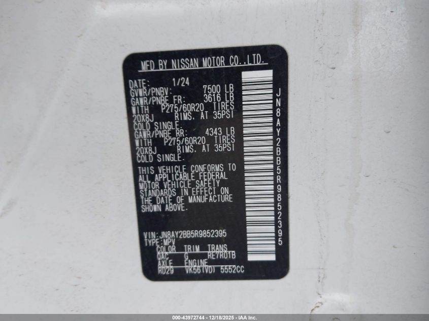 2024 Nissan Armada Sl 4Wd VIN: JN8AY2BB5R9852395 Lot: 43972744