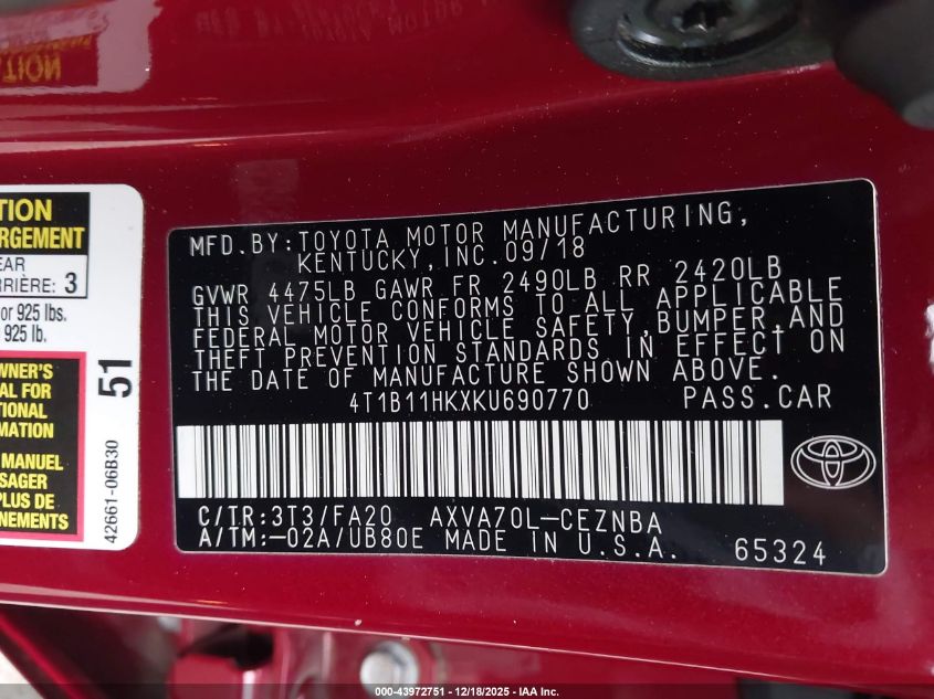 2019 Toyota Camry Le VIN: 4T1B11HKXKU690770 Lot: 43972751