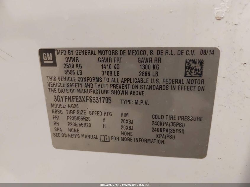 2015 Cadillac Srx Performance Collection VIN: 3GYFNFE3XFS531705 Lot: 43972758