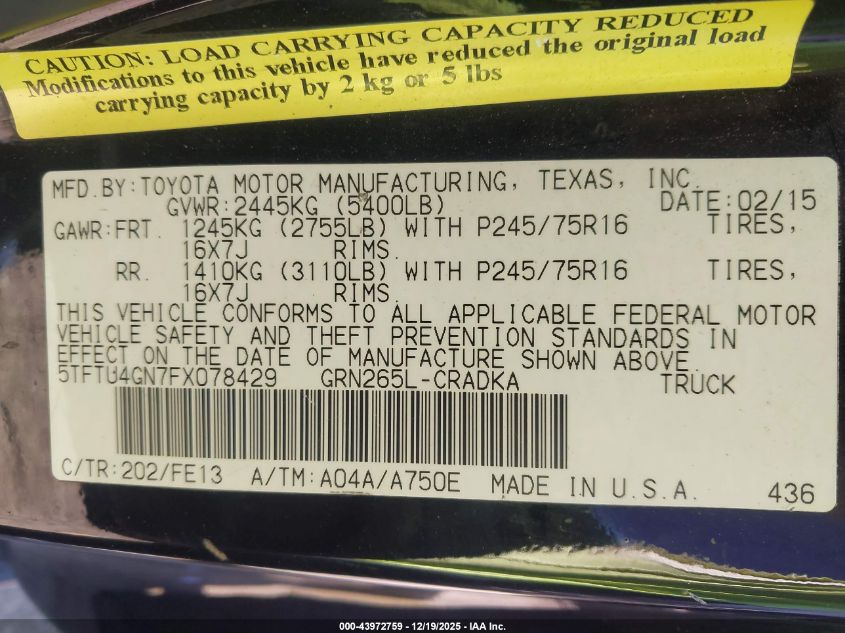 2015 Toyota Tacoma Prerunner V6 VIN: 5TFTU4GN7FX078429 Lot: 43972759