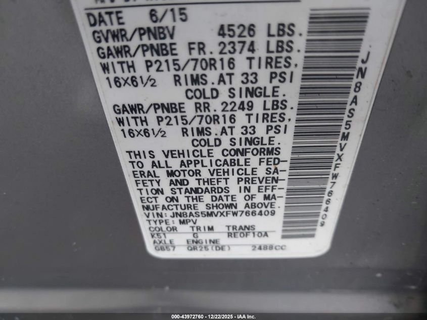 2015 Nissan Rogue Select S VIN: JN8AS5MVXFW766409 Lot: 43972760