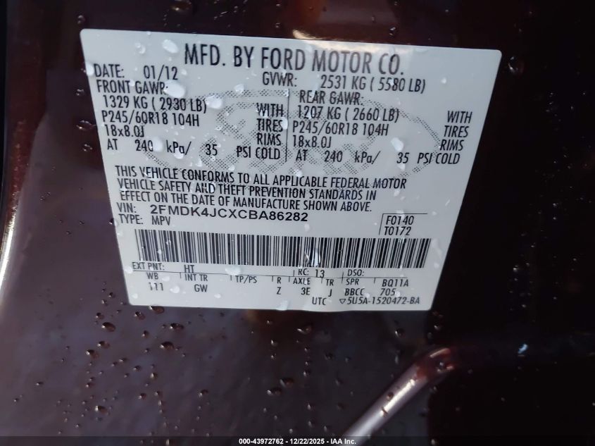 2012 Ford Edge Sel VIN: 2FMDK4JCXCBA86282 Lot: 43972762