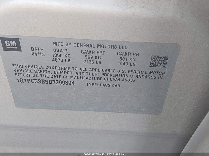 2013 Chevrolet Cruze VIN: 1G1PC5FB5D7299394 Lot: 43972765