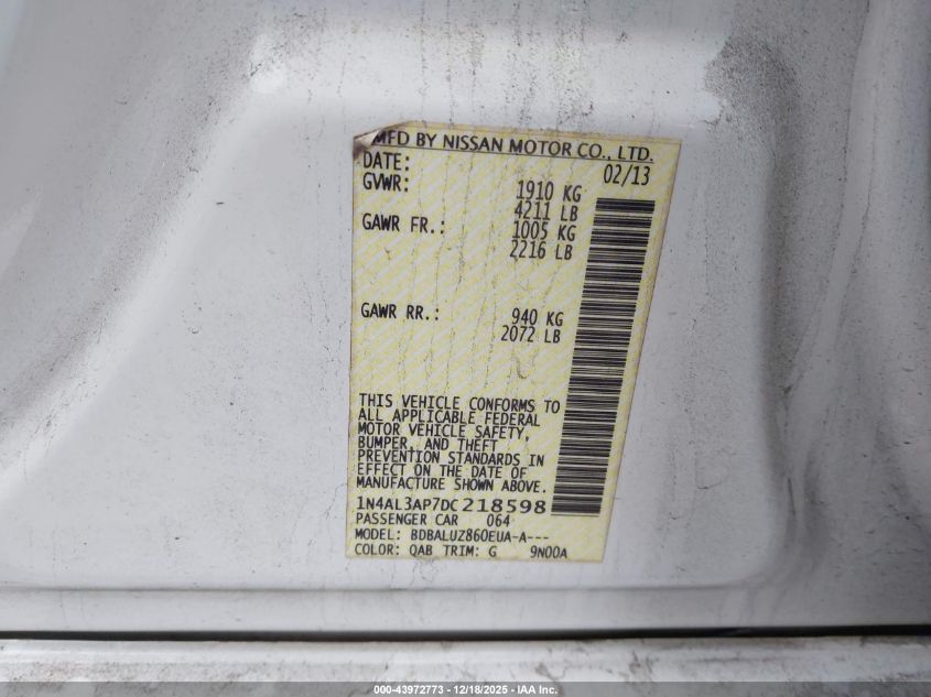 2013 Nissan Altima 2.5 Sv VIN: 1N4AL3AP7DC218598 Lot: 43972773