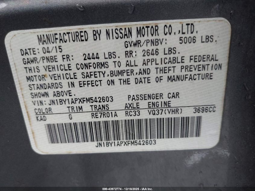 2015 Infiniti Q70 3.7 VIN: JN1BY1APXFM542603 Lot: 43972774