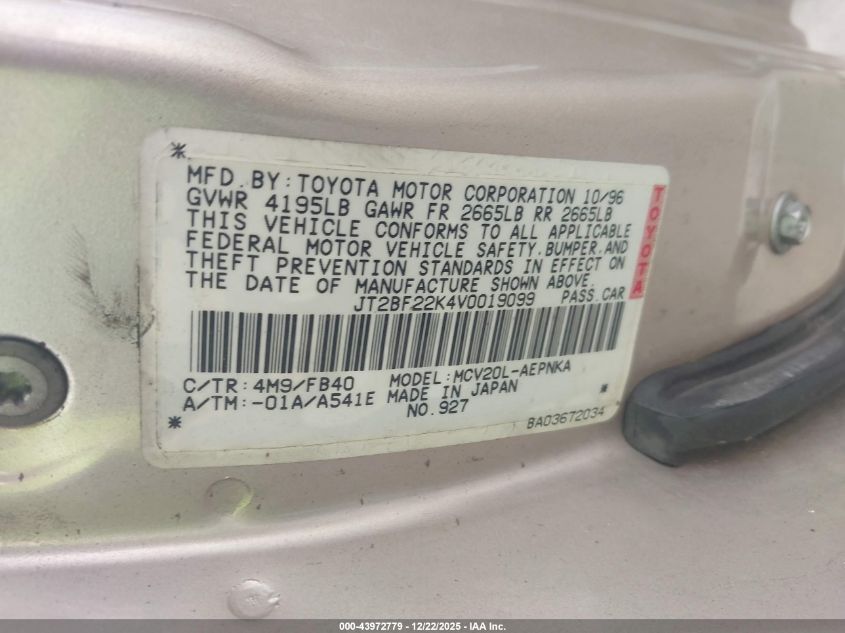 1997 Toyota Camry Le V6 VIN: JT2BF22K4V0019099 Lot: 43972779