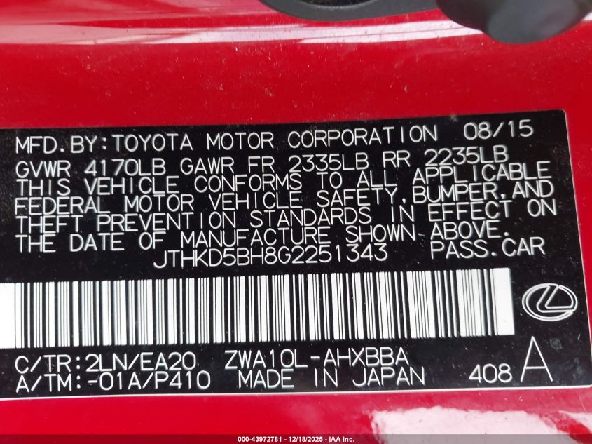 2016 Lexus Ct 200H VIN: JTHKD5BH8G2251343 Lot: 43972781