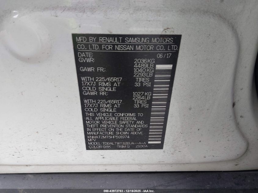 2017 Nissan Rogue Sv VIN: KNMAT2MT5HP591974 Lot: 43972783