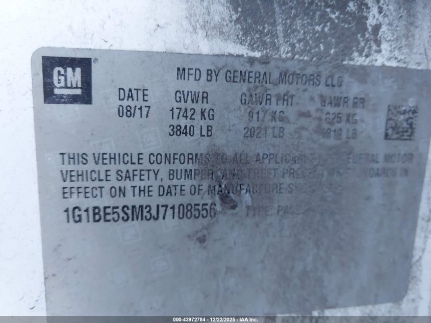 2018 Chevrolet Cruze Lt Auto VIN: 1G1BE5SM3J7108556 Lot: 43972784