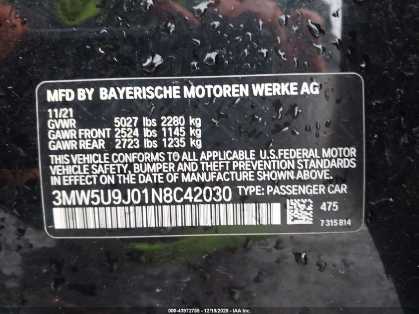 2022 BMW 3 Series M340I xDrive VIN: 3MW5U9J01N8C42030 Lot: 43972785