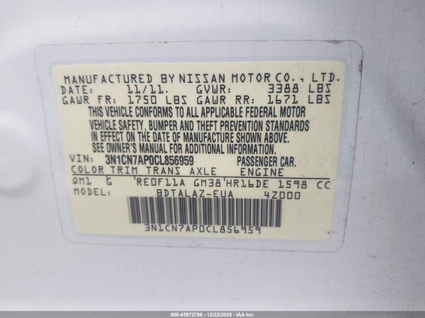 2012 Nissan Versa 1.6 S VIN: 3N1CN7AP0CL856959 Lot: 43972786