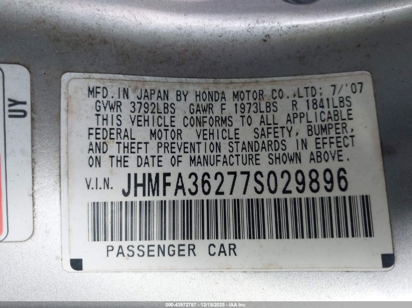 2007 Honda Civic Hybrid VIN: JHMFA36277S029896 Lot: 43972787