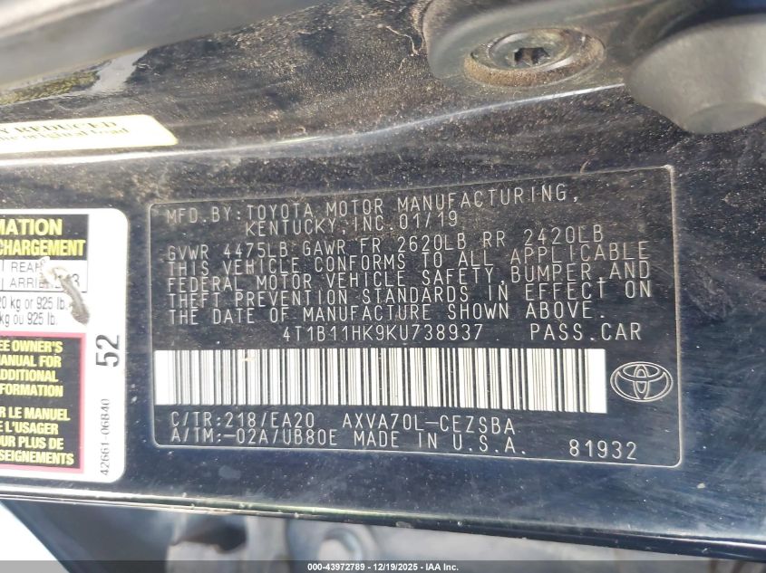 2019 Toyota Camry Se VIN: 4T1B11HK9KU738937 Lot: 43972789