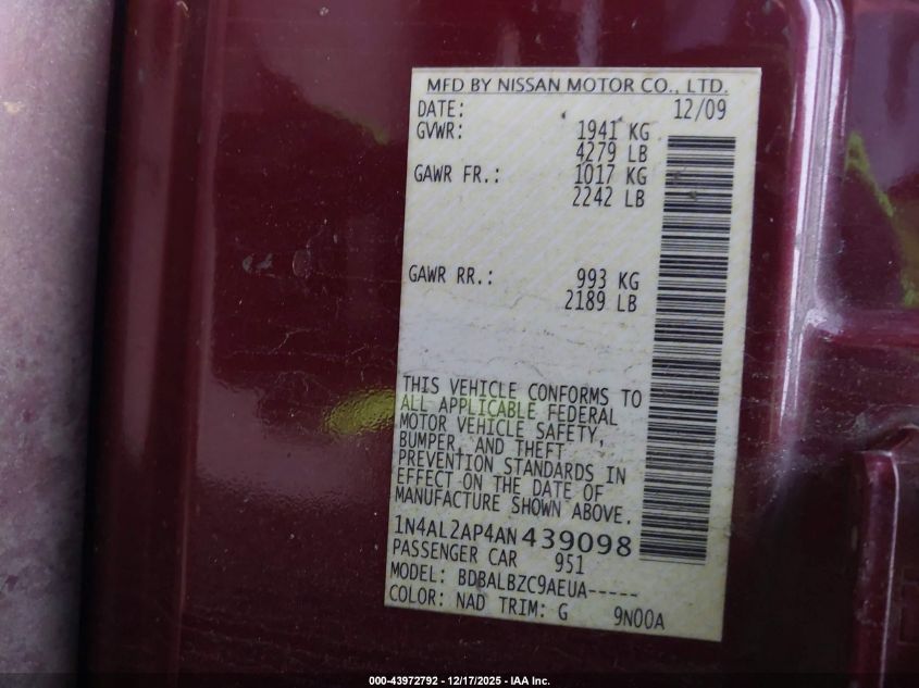 2010 Nissan Altima 2.5 S VIN: 1N4AL2AP4AN439098 Lot: 43972792