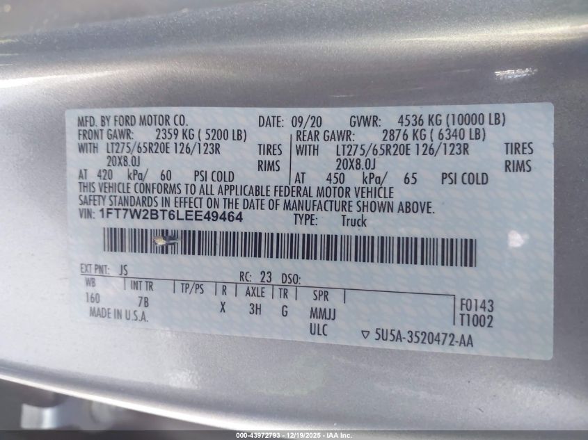 2020 Ford F-250 Platinum VIN: 1FT7W2BT6LEE49464 Lot: 43972793