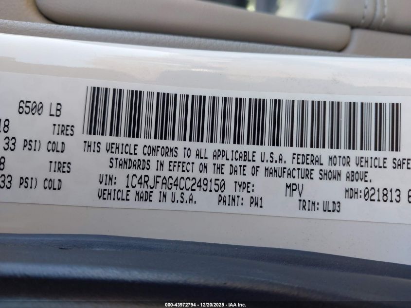 2012 Jeep Grand Cherokee Laredo VIN: 1C4RJFAG4CC249150 Lot: 43972794