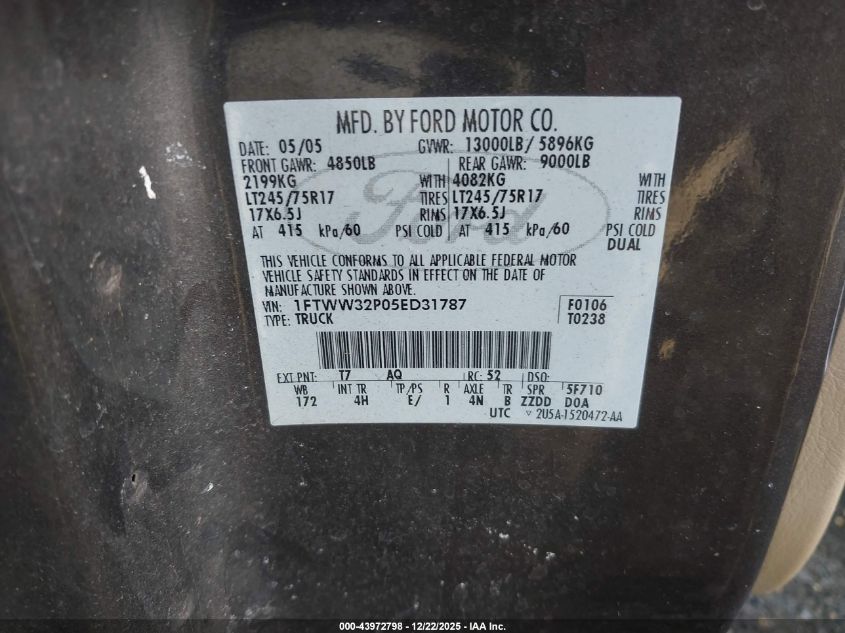 2005 Ford F-350 Lariat/Xl/Xlt VIN: 1FTWW32P05ED31787 Lot: 43972798