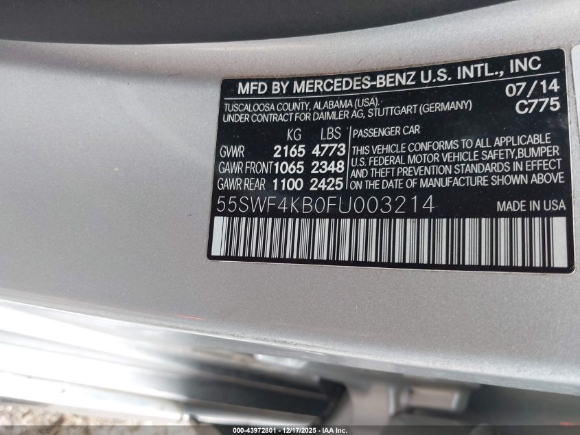 2015 Mercedes-Benz C 300 4Matic VIN: 55SWF4KB0FU003214 Lot: 43972801