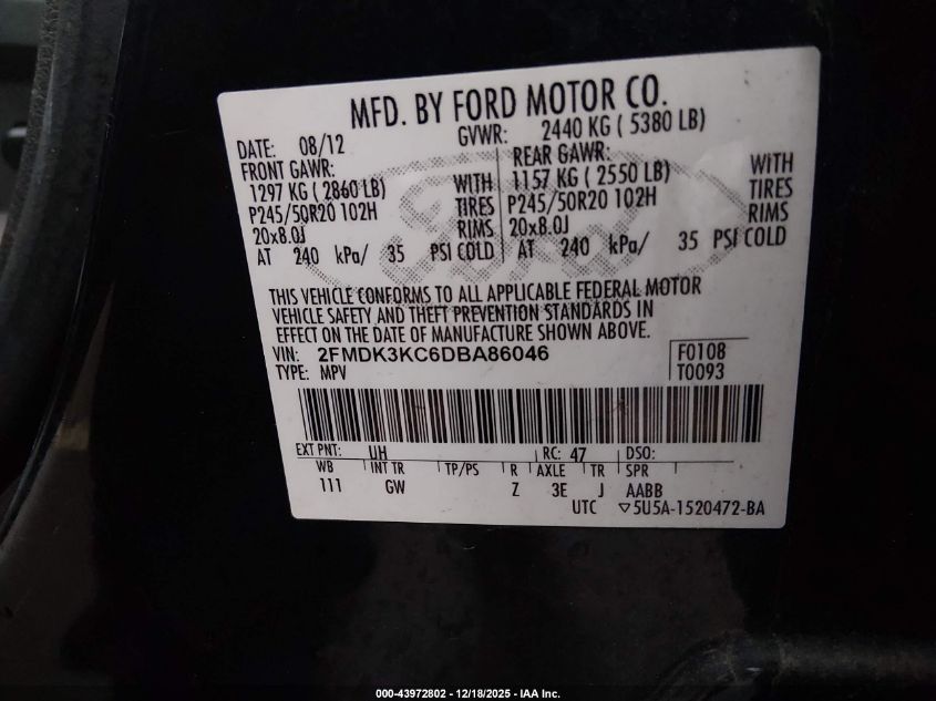 2013 Ford Edge Limited VIN: 2FMDK3KC6DBA86046 Lot: 43972802