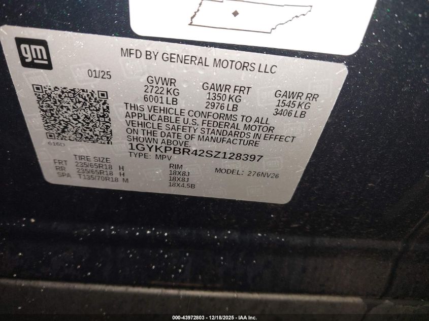 2025 Cadillac Xt6 Awd Luxury VIN: 1GYKPBR42SZ128397 Lot: 43972803