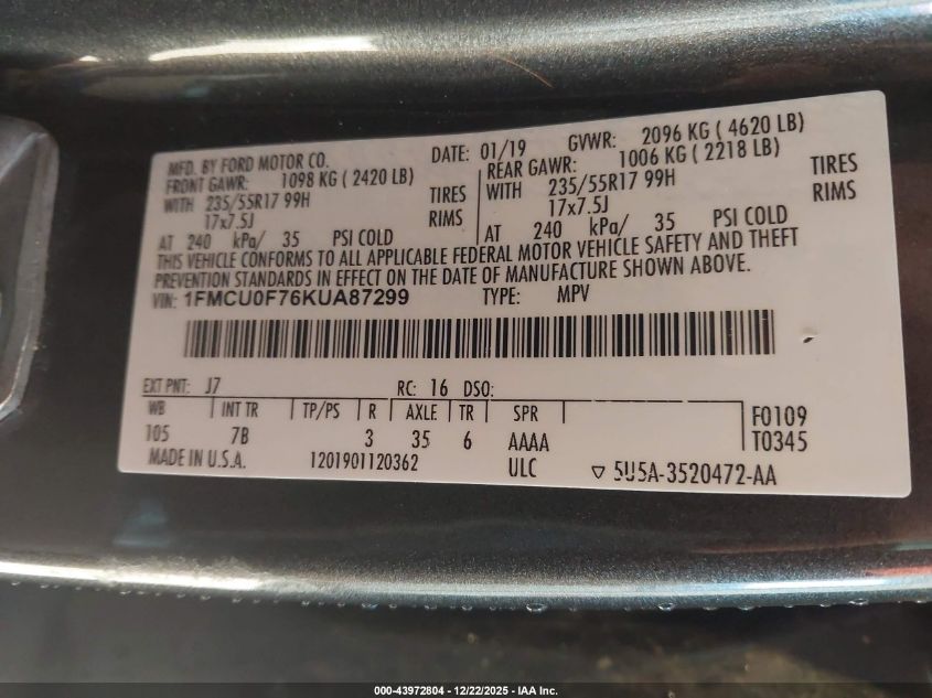 2019 Ford Escape S VIN: 1FMCU0F76KUA87299 Lot: 43972804