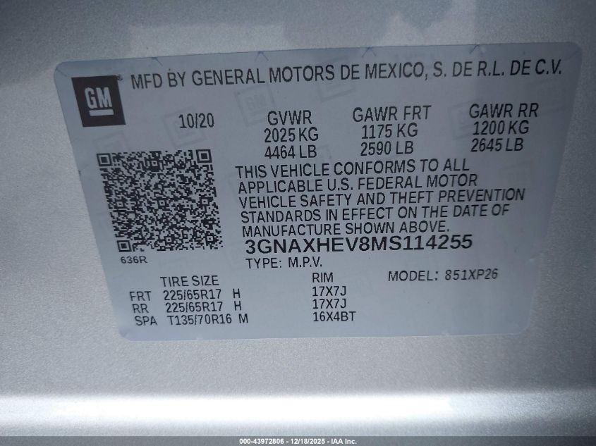 2021 Chevrolet Equinox Fwd Ls VIN: 3GNAXHEV8MS114255 Lot: 43972806