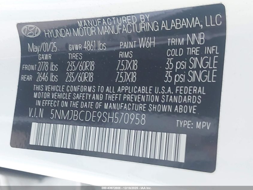 2025 Hyundai Tucson Sel VIN: 5NMJBCDE9SH570958 Lot: 43972808